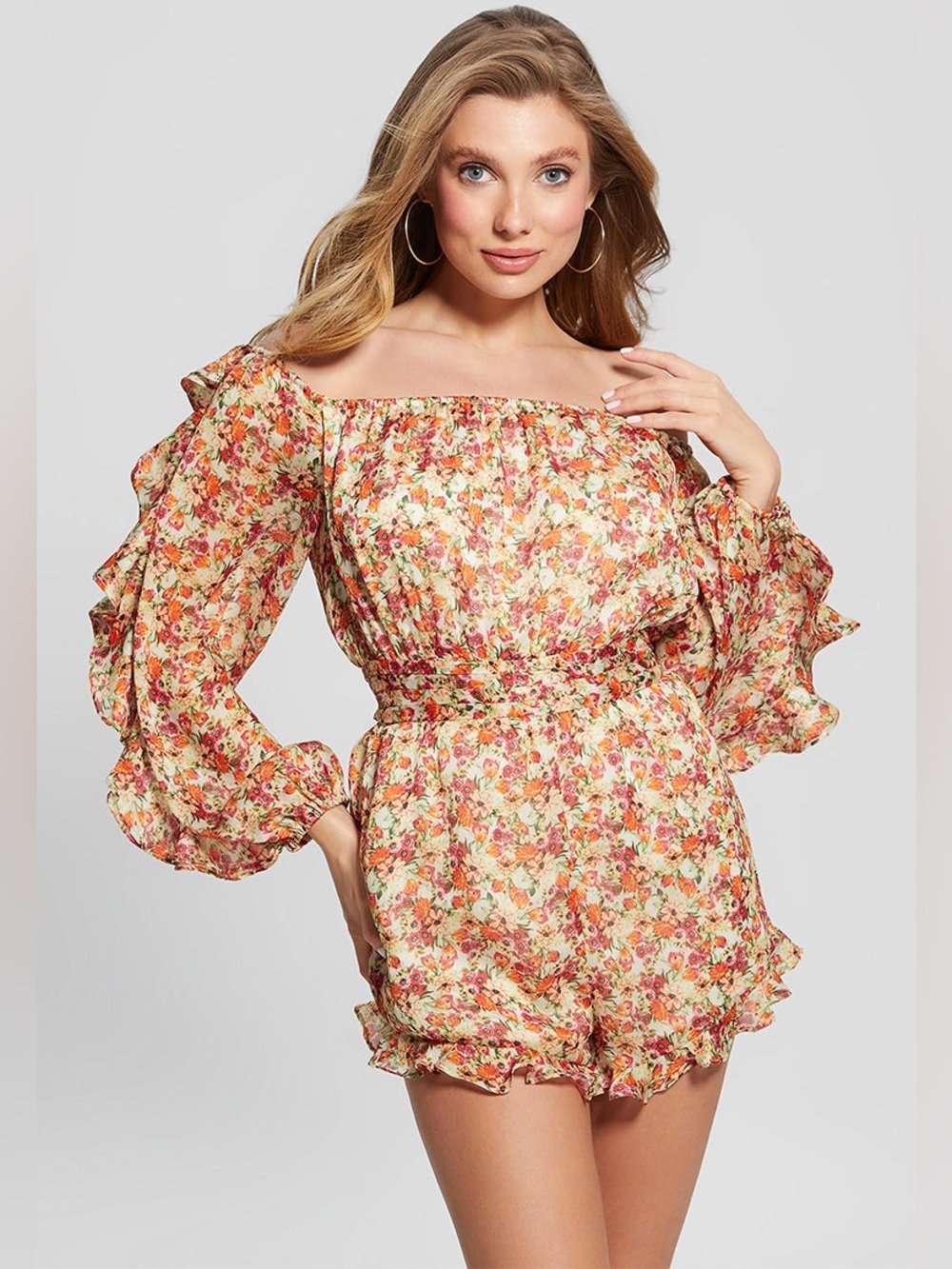 Guess Floral Off-Shoulder Romper in Cream, Pink and Orange